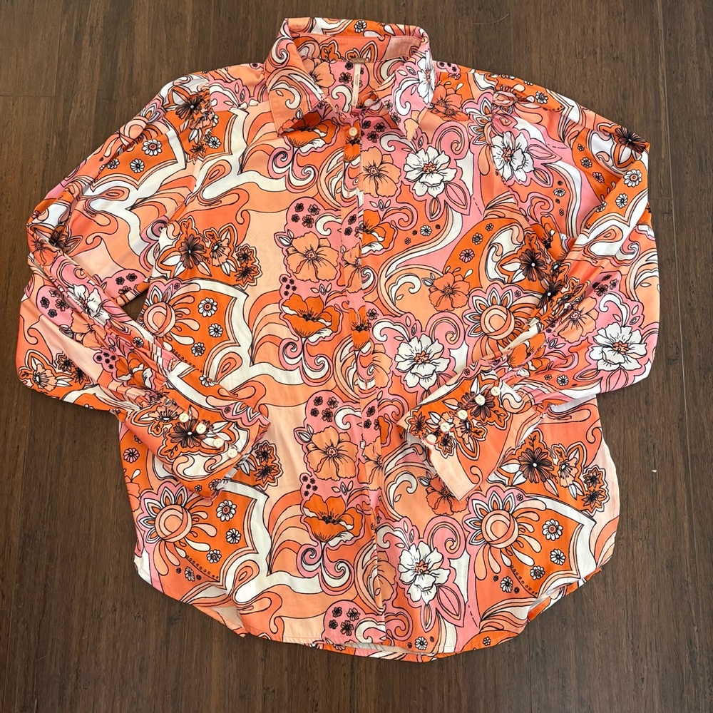 FREE PEOPLE Serena Silky Floral Orange Blouse